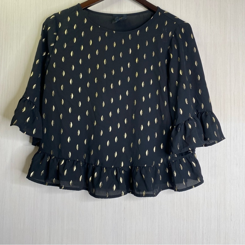W5 Women’s Elegant Black and Gold Pullover Ruffle Top Size Small